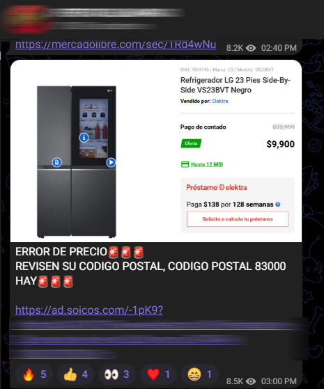 Captura de un posible error de precio de un refrigerador en Elektra compartido dentro de un canal de ofertas