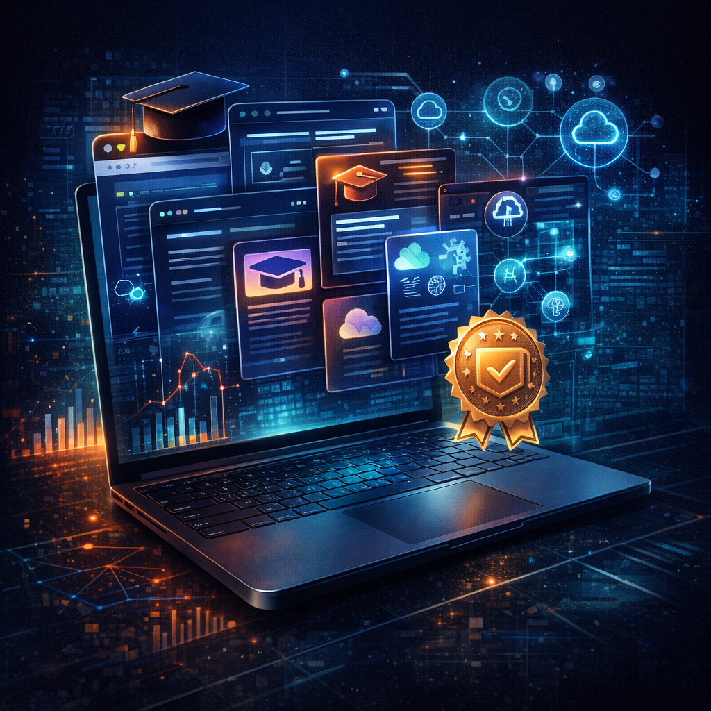 Ilustracion de plataformas de aprendizaje tech con laptop, cursos, certificaciones y nodos cloud